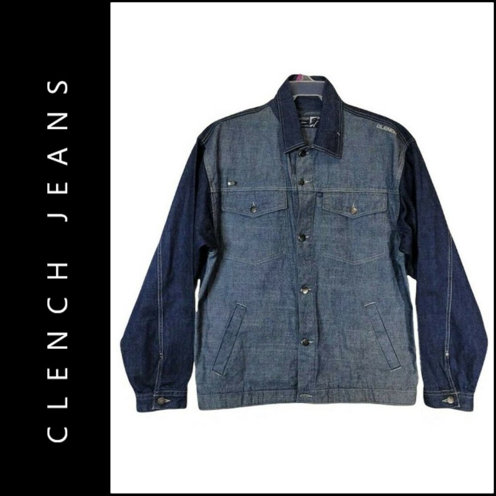 Clench Jeans Men Denim Blue Jacket Button Front Size Medium Embroidered